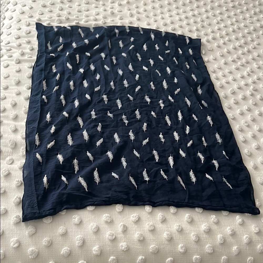 Navy Blue Infinity Scarf with White Feather Pattern